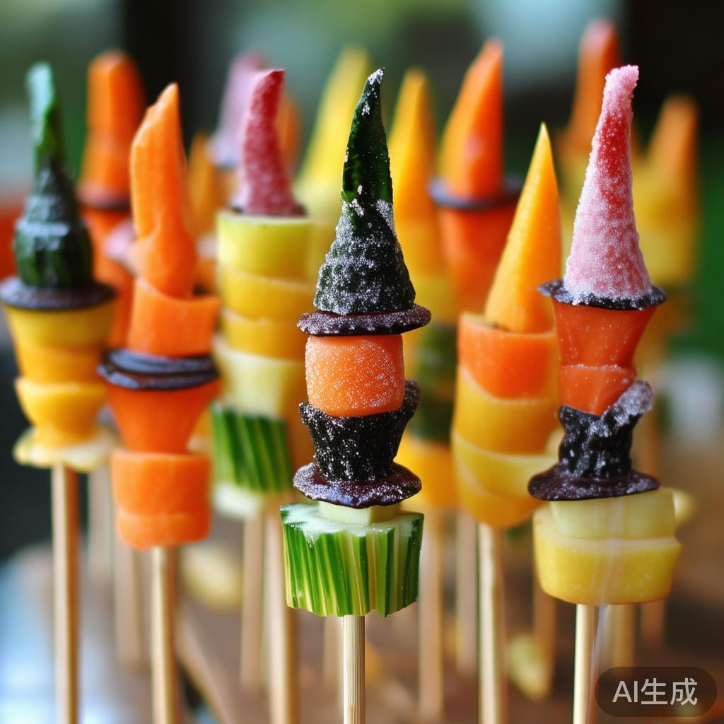 将切好的苹果、胡萝卜、黄瓜等串联在竹签上，点缀上糖
